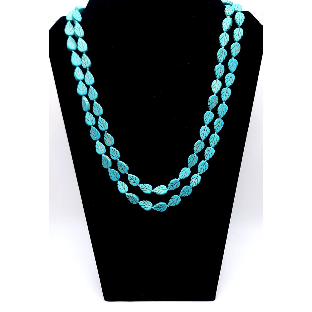 Turquoise Howlite Leaf Beaded Necklace Boho Southwestern Long